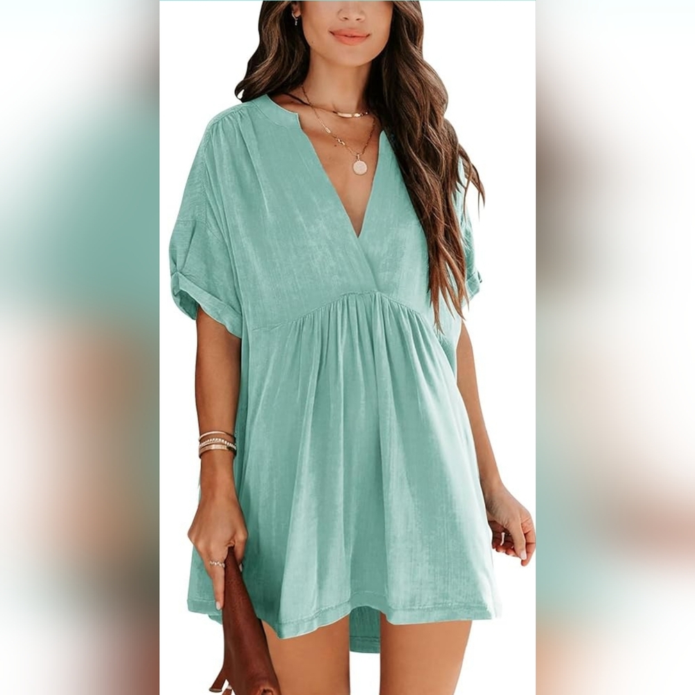 Women's size L/XL Babydoll Short Sleeve Tunic Dress V Neck Cute